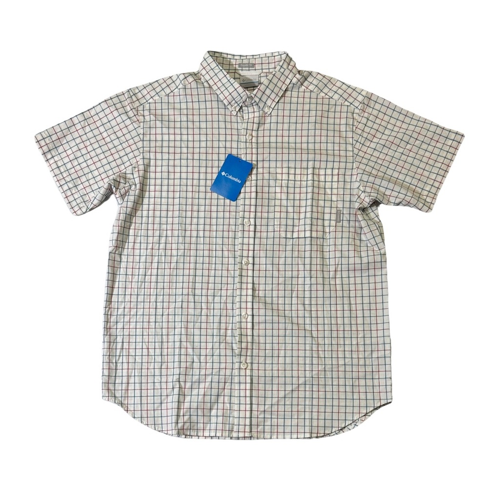 NEW Columbia men L Large regular fit white check plaid short sleeve oxford shirt